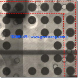 BGA錫球尺寸小于0.4mm，采用降低BGA內(nèi)圍襲球的錫膏量所得到X-Ray，稍微留意一下可以發(fā)現(xiàn)最外圈的錫量(圓的直徑)比其他內(nèi)圍的錫球上的錫量來得多一點點。也就是外圈的黑色圓形直徑比內(nèi)圈的圓形來得大一點點。