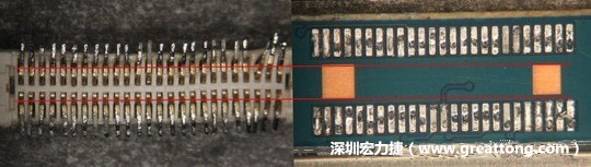 把板對(duì)板連接器與其電路板的佈線焊墊作一個(gè)比較，端子的切斷面有毛邊的地方剛好對(duì)到了裸銅區(qū)。