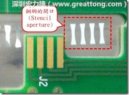 這個HotBar(熱壓熔錫焊接)吃錫的設(shè)計已經(jīng)對了一半，在印刷錫膏的時候在焊墊的中間位置減少錫膏，如果治具的設(shè)定正確的話，熱壓頭(thermode)要壓在焊墊中間的位置，焊錫的印出來結(jié)果如下面右圖所示。