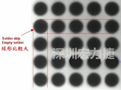 現(xiàn)在我畫幾條直線你再看看是否有發(fā)現(xiàn)那一顆BGA的錫球比較大，有空焊的可能？