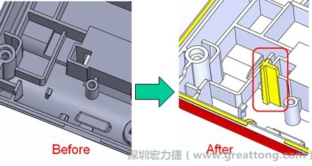 既然知道可能的問題出在電路板變形量過大，于是在電路板上黏貼應(yīng)力計(jì)(Stress Gauge)然后先量測(cè)未改善前的應(yīng)力數(shù)據(jù)。改善方法是在BGA的附近新增機(jī)溝肋柱(rib)來頂住電路板以降低電路板在落下時(shí)的變形量。