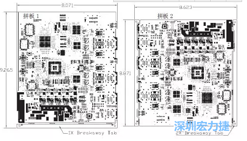 如圖7所示是使用不同數(shù)量邊條的拼板，拼板1僅使用了一個(gè)邊條，直接利用PCB另一邊作為SMT工藝傳送邊，并且PCB圖形中有合適的安裝孔；而拼板2則是按常規(guī)設(shè)計(jì)了兩個(gè)邊條。拼板方式為連接筋。圖中“Breakaway Tab”指邊條-深圳宏力捷