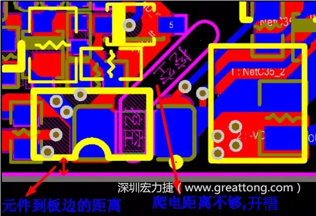 如果碰到模塊PCB空間有限，爬電距離不夠，可以采用開槽的方式