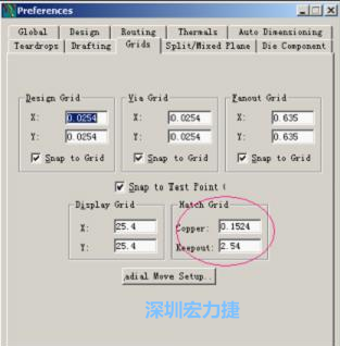  改銅皮的填充網(wǎng)格Global→Design Units，填充方向Drafting→Direction；Hatch Grid中Copper此數(shù)值為大銅箔中所填充的線條中心到中心的距離。