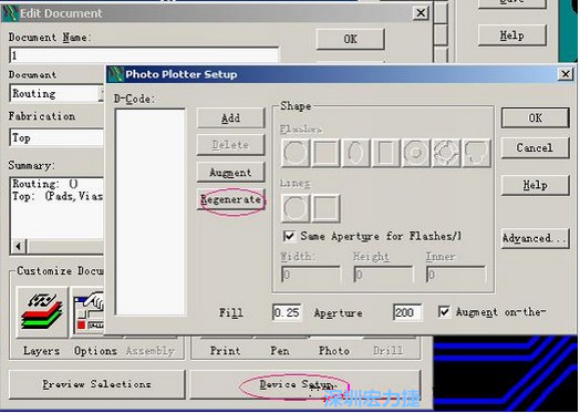 當(dāng)Gerber和鉆孔都設(shè)置完后，選擇一貼片元件較多的層（一般為Top層），點擊Device SetupPhoto，將 Plotter Setup窗口D-Code欄原有的D碼刪除并按Regenerate重新生成