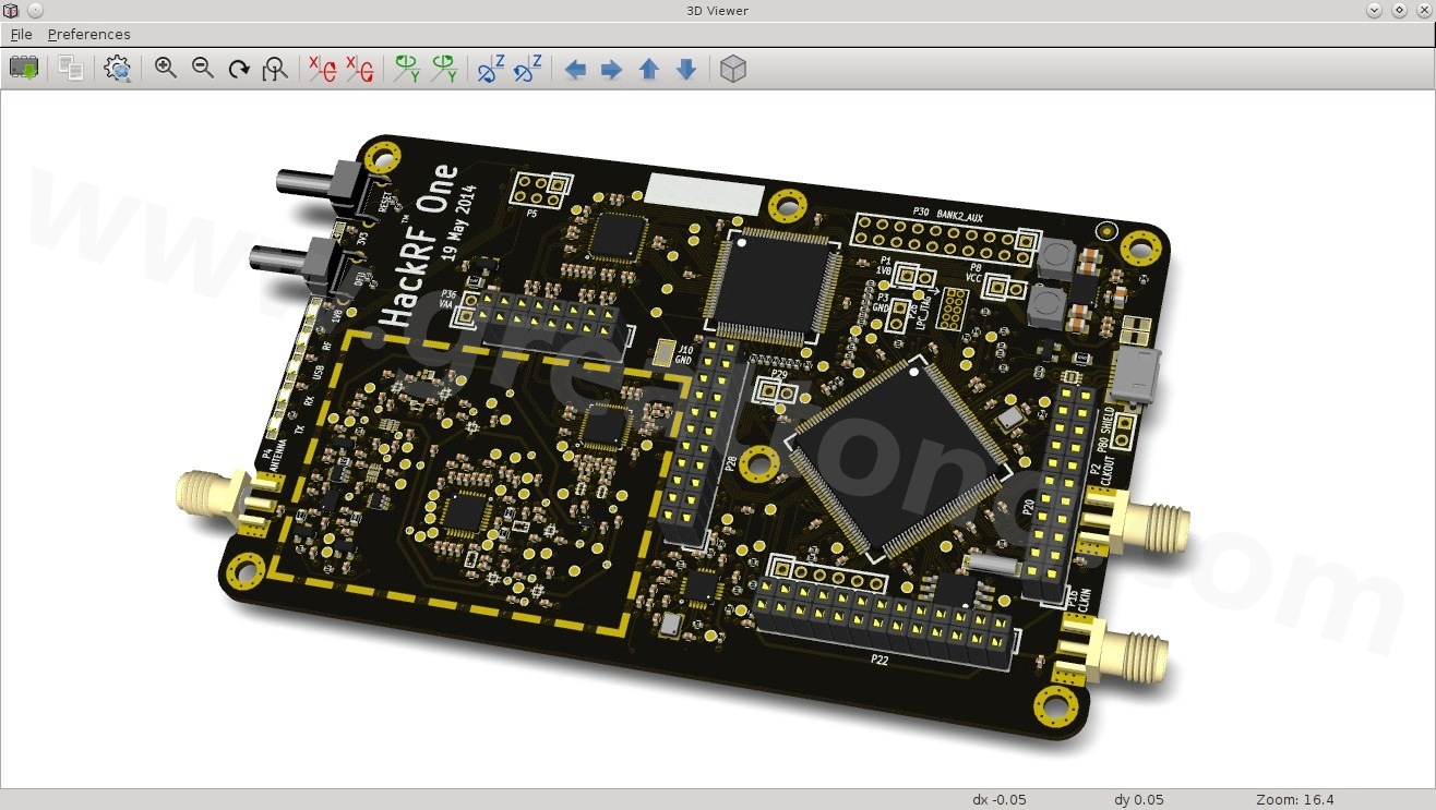 經(jīng)KiCad軟體3D功能渲染過的HackRF One電路板。