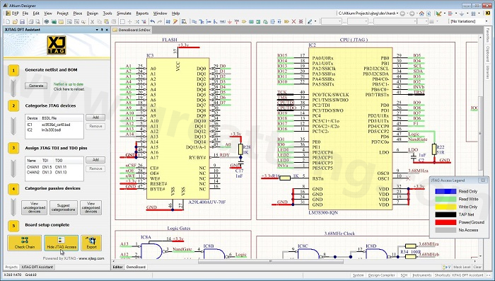 XJTAG DFT Assistant的Access Viewer模式可以清楚地顯示可用的測(cè)試存取層級(jí)，讓電路板設(shè)計(jì)人員在展開(kāi)PCB布局以前的原理圖擷取階段盡可能地提高測(cè)試存取能力