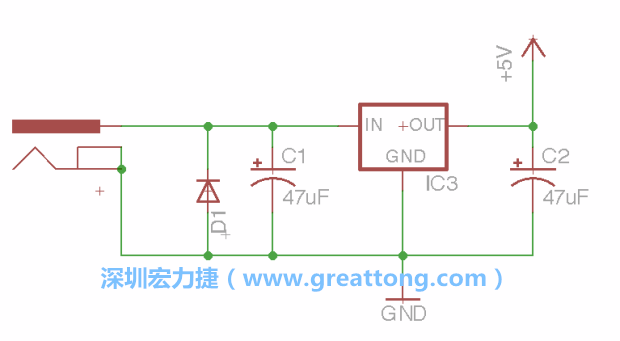 新增RBBB→Power_Jack，將它放在電壓調(diào)整器的輸入端旁邊。