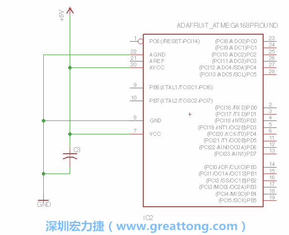 3.1.    新增微控制器晶片（RBBB → ATmega），把它放在電路原理圖的中央附近，把它的兩個(gè)接地接頭連接到接地訊號(hào)端。