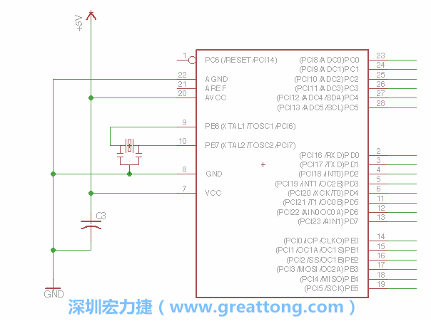 3.2.    在靠近ATmega的電源供應(yīng)針腳7的位置放置一個(gè)0.1μF的電容，將它分別連接電源、接地端和針腳7。