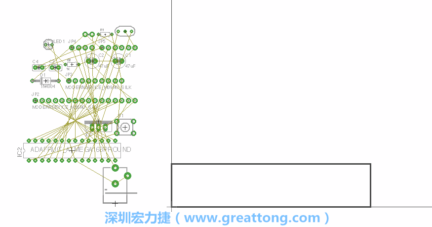 第一次執(zhí)行布線編輯器時(shí)，你會(huì)發(fā)現(xiàn)有兩個(gè)區(qū)塊，左邊的區(qū)塊非?；靵y，而右邊的區(qū)塊則是一個(gè)長方形的工作區(qū)域，EAGLE免費(fèi)版會(huì)限制你的工作區(qū)域在4” x 3.2”的范圍內(nèi)，如果你試圖將元件擺放在工作區(qū)外的話，就會(huì)跳出警示訊息。