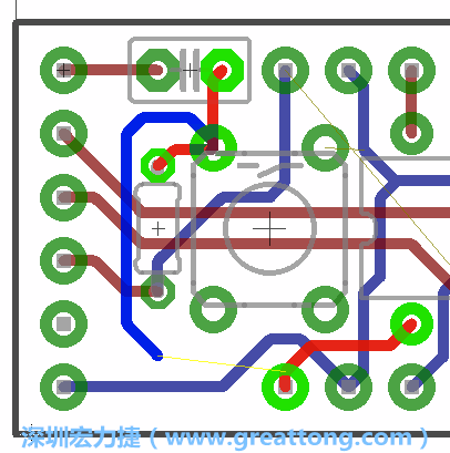 要在電路板正面進(jìn)行+5V信號(hào)線連結(jié)和其他連結(jié)點(diǎn)的布線工作是非常容易的，而重置信號(hào)線（信號(hào)線用來連結(jié)電路板正面左邊的重置開關(guān)）需要經(jīng)過一個(gè)可以通過電路板正反兩面的電路通道，這個(gè)通道是一個(gè)可以讓電路板正反兩面線路連接的一個(gè)小孔。