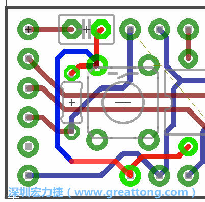 為了要?jiǎng)?chuàng)造一個(gè)電路通道，首先要先點(diǎn)擊重置開關(guān)的連結(jié)點(diǎn)進(jìn)行布線，在電路板的背面繪制線路直到其它線路前的乾淨(jìng)區(qū)域。