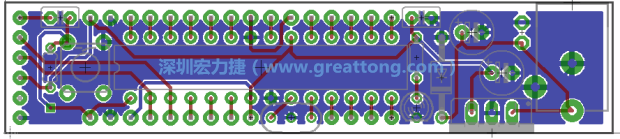 第二篇文章則帶領(lǐng)你進行電路板上的布線、連結(jié)點的配置，并利用「設(shè)計規(guī)則檢查（Design Rule Check）」測試你的設(shè)計，第二篇文章的電路板設(shè)計圖將如下所示：