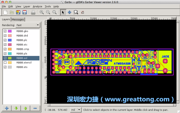 將圖層匯入你的Gerber預(yù)覽工具內(nèi)（下圖為Gerbv），我通常會從上到下重新排列它們的順序，好讓我比較好校對：