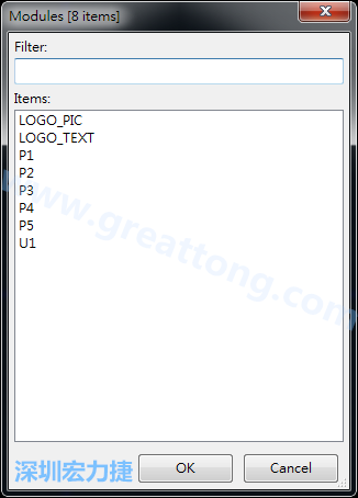 從目前正在編輯的PCB載入Module， 會(huì)顯示有那些項(xiàng)目可載入。點(diǎn)選一個(gè)， OK后即完成載入