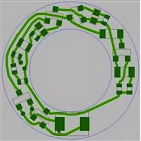 圖6：PCB布線例子：(a)拓撲式自動布線器(完成了100%導線的布線)；