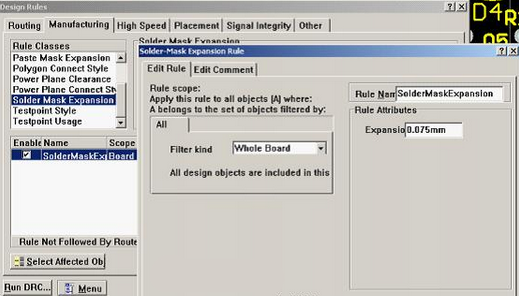 5. 而對(duì)于阻焊的調(diào)整則可以通過按D、R調(diào)出[Manufacturing]制作設(shè)計(jì)規(guī)則的[Solder-Mask Expansion Rule]設(shè)置項(xiàng)直接設(shè)定單邊放大值