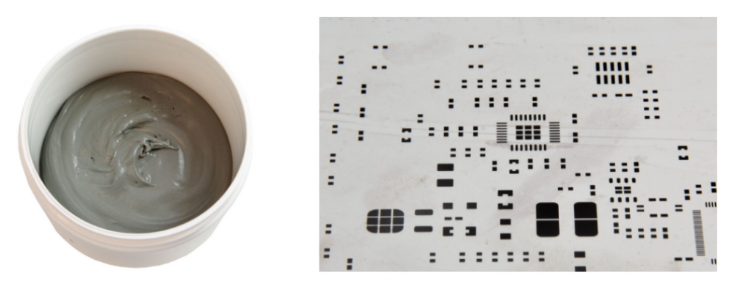 焊膏（左），PCB模板激光切割孔（右）